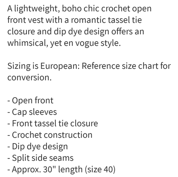 NWT: Ombred Tie Front Crocheted Vest - Picture 7 of 7